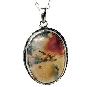 Vintage Large Hallmarked Silver  Moss Agate Pendant & Chain